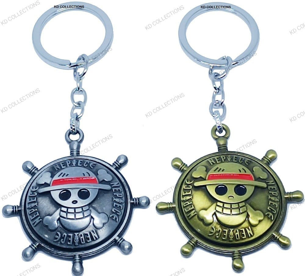 KD COLLECTIONS Combo of Anime Skull Ship Steering Wheel Revolving Rotating Keychain – Golden Grey Color – Pack of 2 Keychains