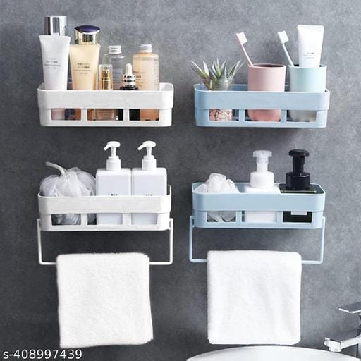 Self Adhesive Bathroom Shelf 4 Shelf + 2 Towel Hanger - Pack of 2