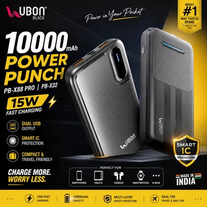 UBON PB-X88 PRO / PB-X32 10000mAh Fast Charging Power Bank with 15W Output, Dual USB Charging, Compact Portable Battery Pack, LED Battery Indicator & Smart Safety Protection for Android, iPhone, Tablets & More (Random Color) UBON PB-X88 PRO / PB-X32 10000mAh Fast Charging Power Bank with 15W Output, Dual USB Charging, Compact Portable Battery Pack, LED Battery Indicator & Smart Safety Protection for Android, iPhone, Tablets & More (Random Color)