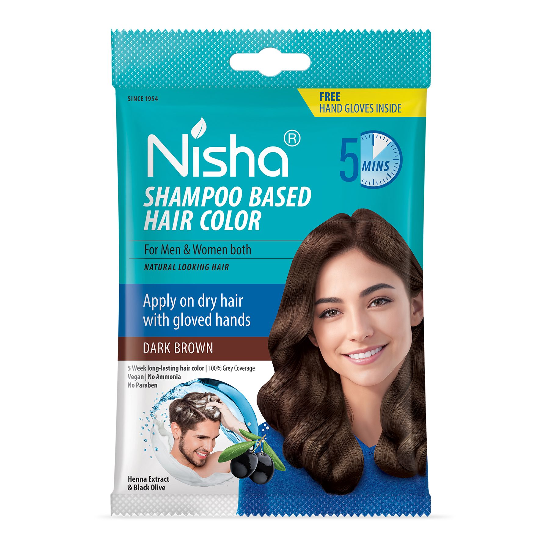 Nisha 5 Minut Shampoo Hair Colour Dark Brown 20ml Pack of 8, 5 Weeks Long Lasting Hair Colour Shampoo for Women & Men