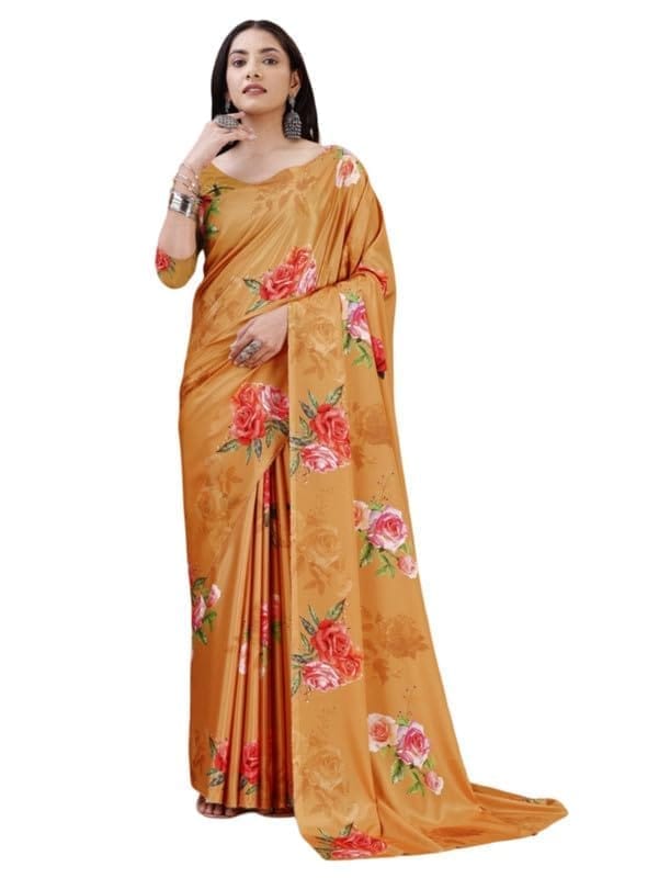 Women's Crepe Digital Print Saree With Unstitched Blouse 5.5Mtr (Mustard)-PID54618