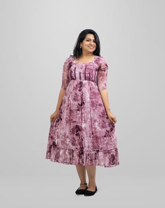 Multi Shade Purple Soft Net Dress with Designer Sleeves - Short Sleeve Multi Shade Purple Soft Net Dress with Designer Sleeves - Short Sleeve