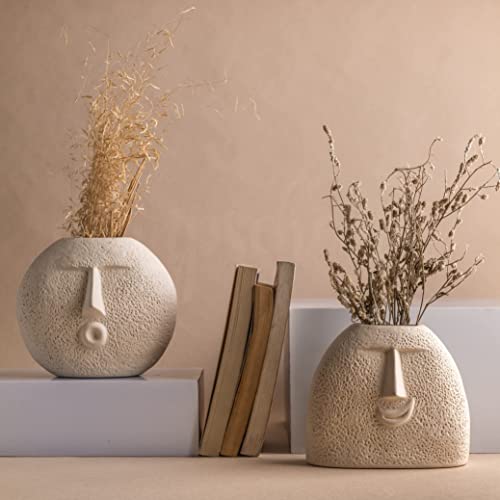Set of 2 | Upbeat Face Vase 5.5 inches & Blowing Kiss Face Vase 6 inches (White, Raw Finish)