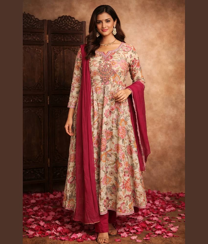 Aarika Women Rayon Embroidered Flared Kurti With Pants ( Cream )