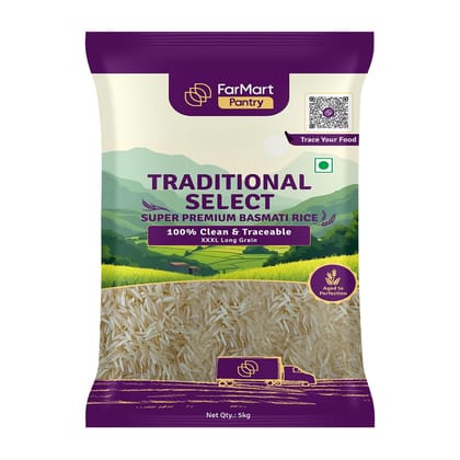 FarMart Pantry Traditional Select Super Premium Basmati Rice (5kg) | XXXL Long Grain, Aged upto 1.5 Years | Aromatic, Fluffy & Non-Sticky | Ideal for Biryani & Pulao FarMart Pantry Traditional Select Super Premium Basmati Rice (5kg) | XXXL Long Grain, Aged upto 1.5 Years | Aromatic, Fluffy & Non-Sticky | Ideal for Biryani & Pulao