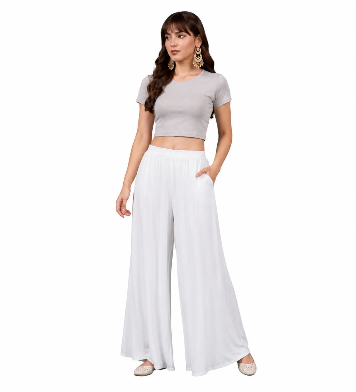 Generic Women's Georgette Solid Mid-Rise Wide Leg Flared Palazzo Pants with Elastic Waist, Ankle Length Trousers for Daily, Office and Casual Wear (White, 2XL, Pack of 1, Design 67557)