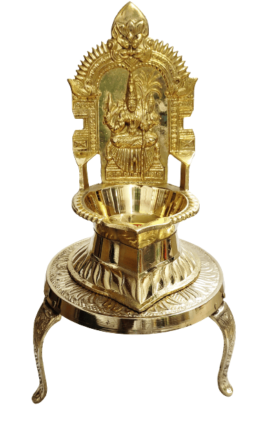 NAAYAGI ® - Brass Kanchipuram KAMAKSHI Diya, VILAKKU with Unique Sugarcane Engraved ON HER Side - 18.3 CM / 7.2 INCH HIGH + STAND / 3 LEGGED ( Gold Color )