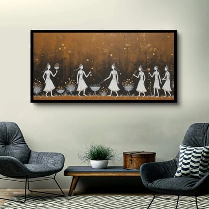 Luminary Golden Ritual–Tribal Minimalist Museum-Quality Cotton Canvas Handprint for Dining Room Décor | Frame Size (127 X 69 Cm) | Frame Type (Black) | 5-Year Warranty