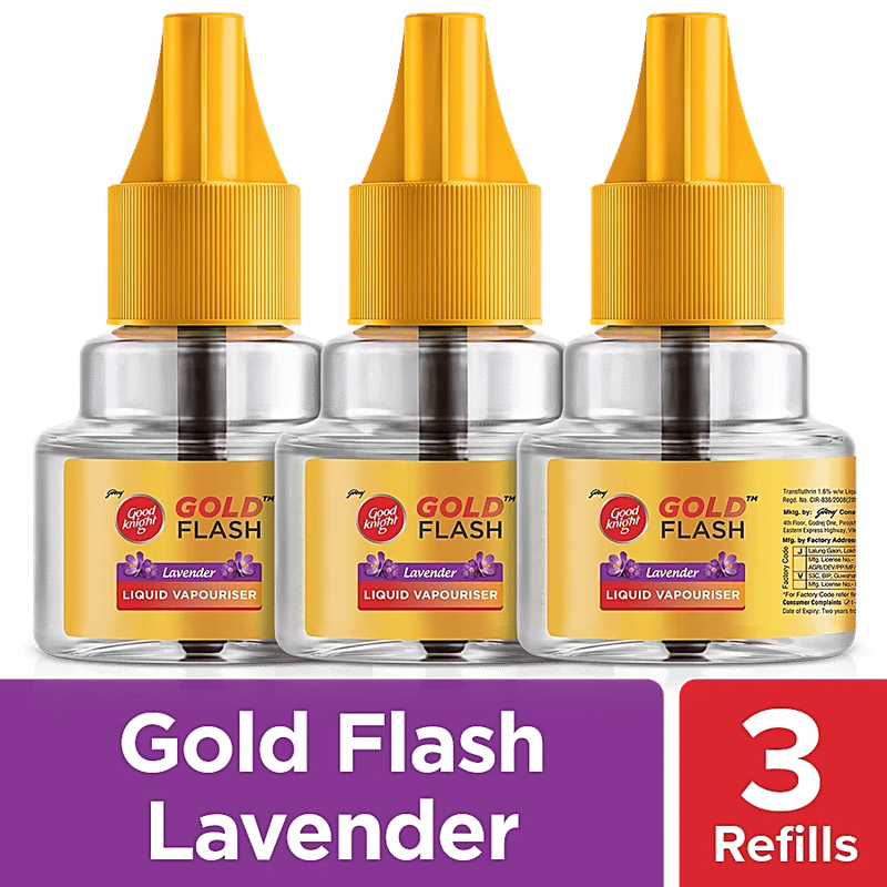 Good Knight Gold Flash Liquid Vaporiser, Mosquito Repellent Refill - Lavender Fragrance, 45 Ml Each (Pack Of 3)