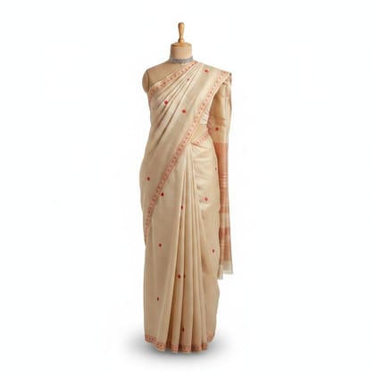 Cream & Red Floral Embroidered Saree