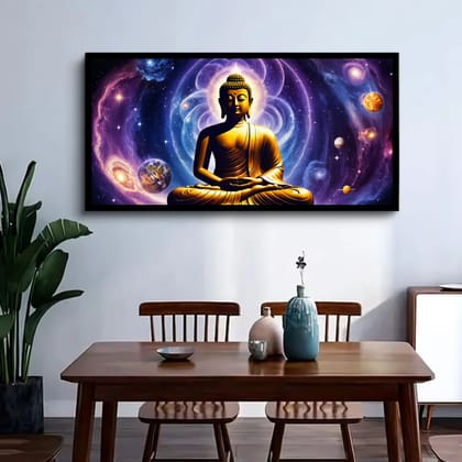 Luminary Celestial Stillness – Cosmic Buddha Museum-Quality Cotton Canvas Art for Dining Room Décor | Frame Size (127 X 69 Cm) | Frame Type (Black) | 5-Year Warranty