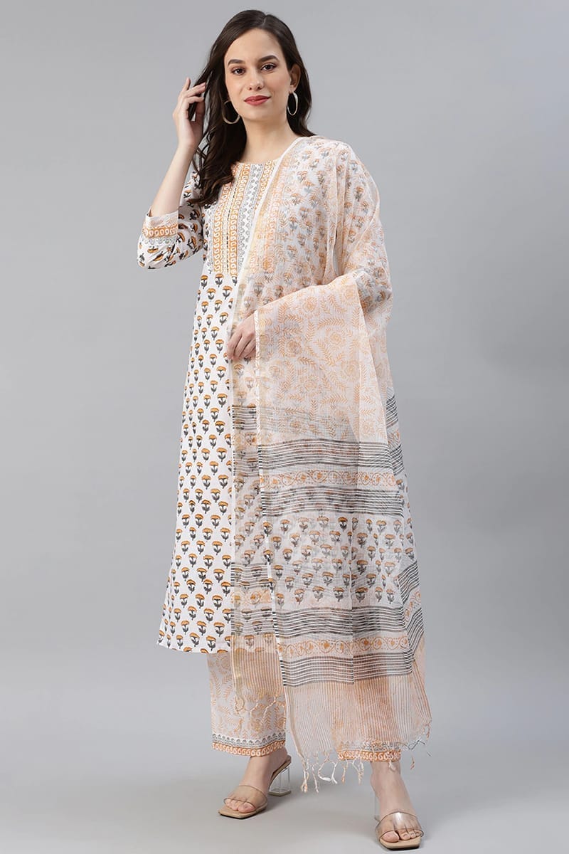 Ahika Women Cotton White Ethnic Motifs Printed Straight Kurta Palazzo Dupatta Set VKSKD1110