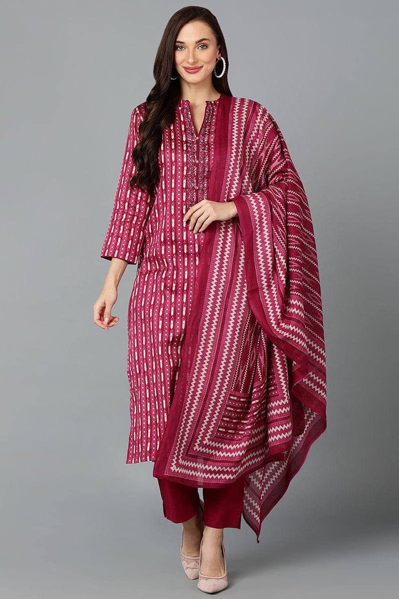 Cotton Blend Tyrian Purple Straight Kurta Pant With Dupatta VKSKD1811
