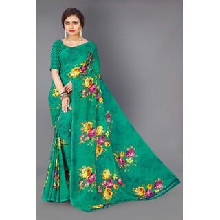 SVB Sarees Womens Green Colour Georgette Printed Saree With Blouse Piece