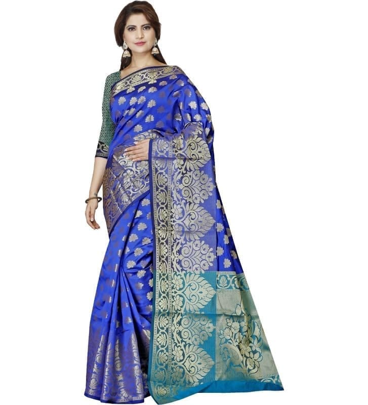 Women's Jacquard Woven Saree With Unstitched Blouse 5.5Mtr (Dark Blue)-PID54497