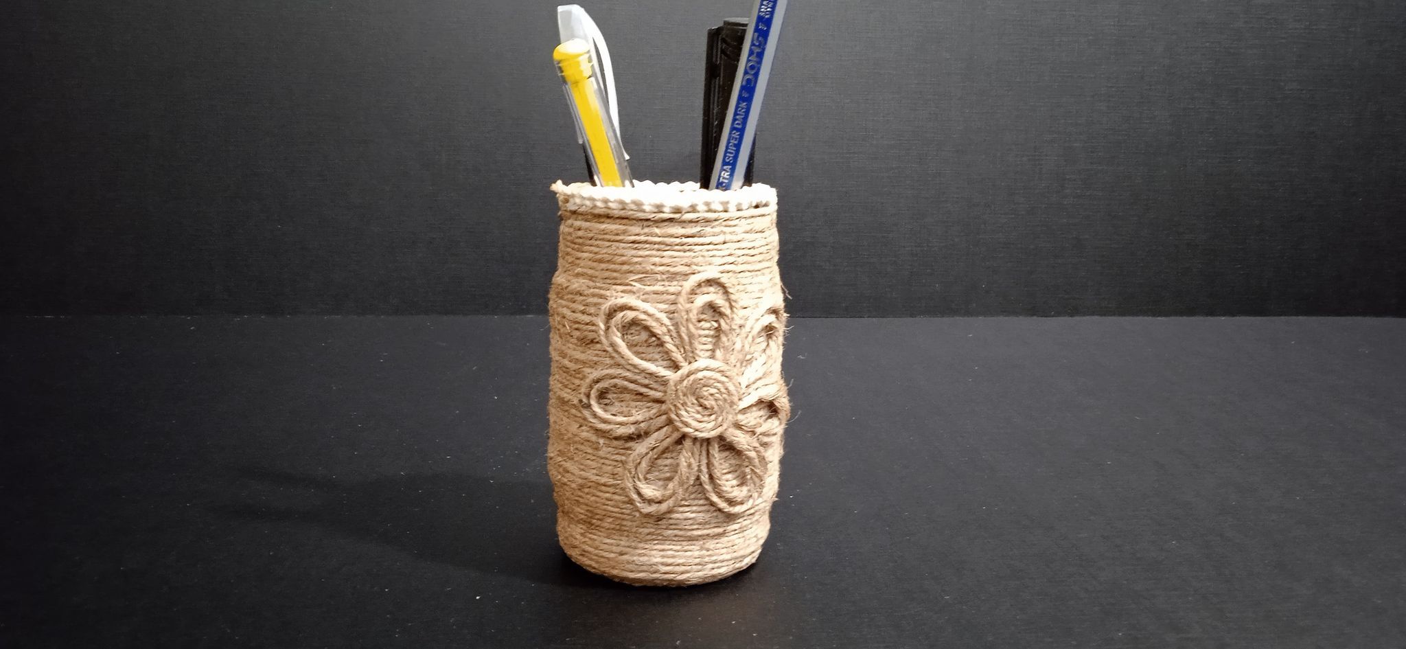 Handcrafted Jute Pen Stand with Floral Design