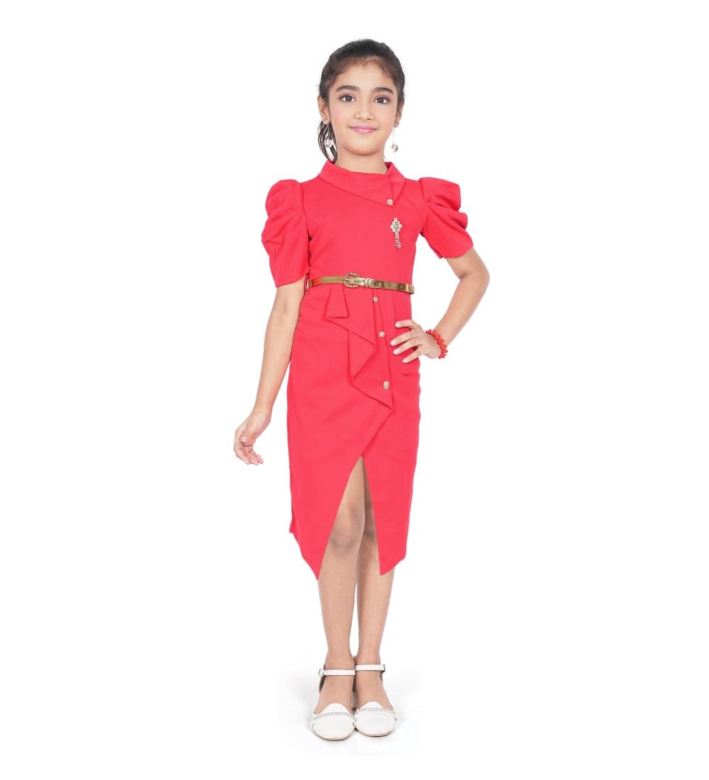 Girl's Cotton Soild Short Sleeve Close Neck Dress (Pink, 3-4_Yrs)-PID63789