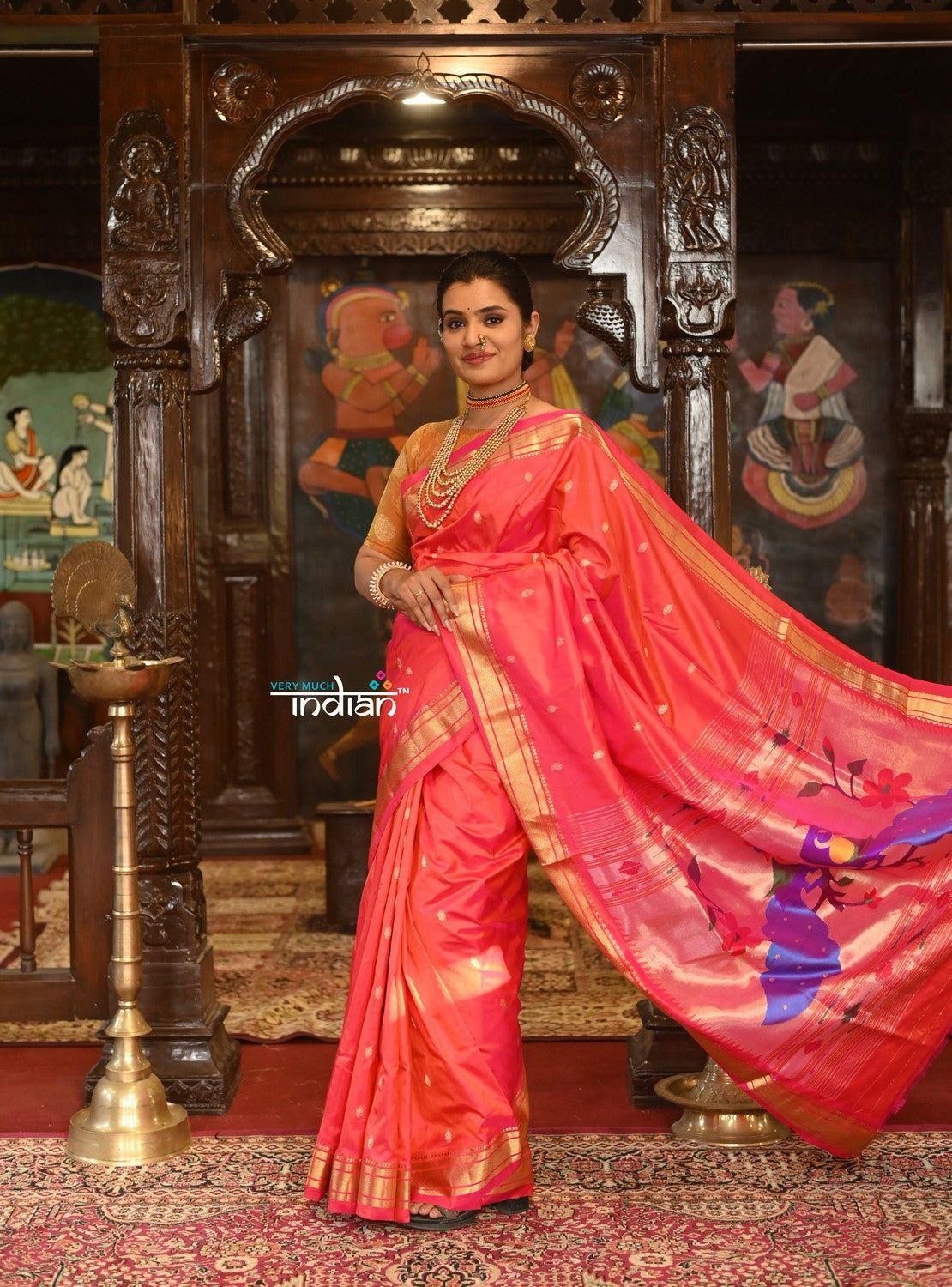Authentic High Quality Pure Silk Paithani With Exclusive Peacock Pallu~ Dual Tone Red and Pink