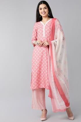 Peach Polyester Ethnic Motifs Straight Suit Set PKSKD1017