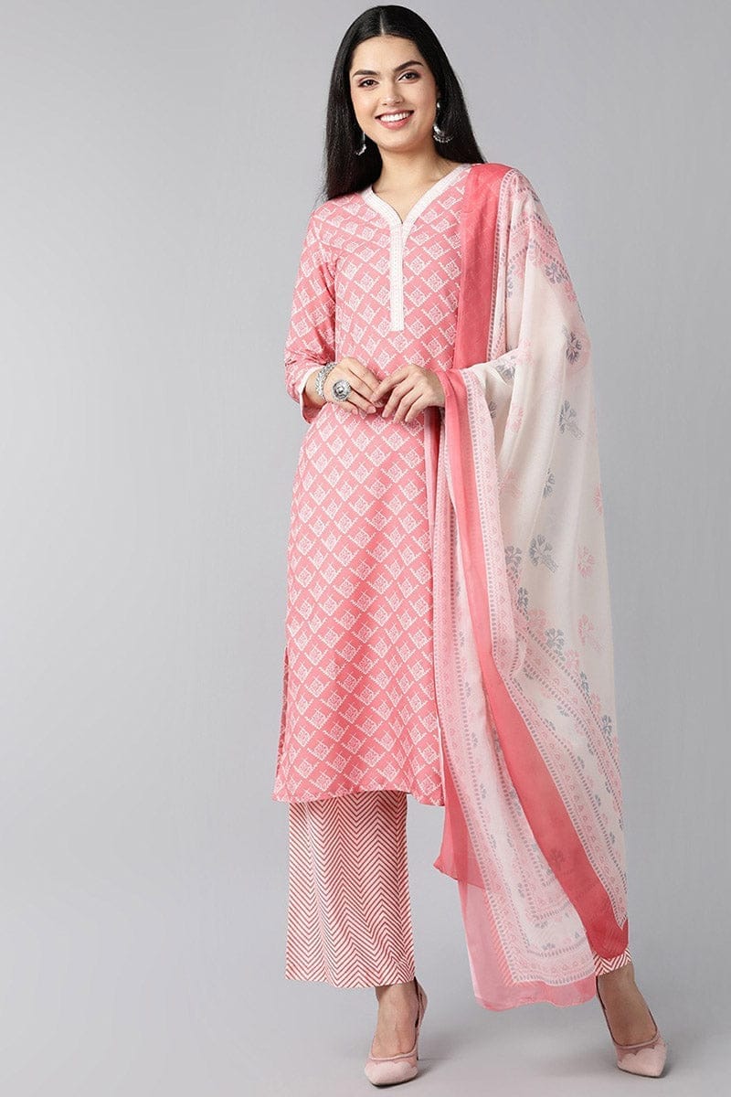 Peach Polyester Ethnic Motifs Straight Suit Set PKSKD1017