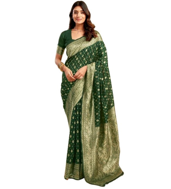 Generic Women's Jacquard Printed Saree with Unstitched Blouse Piece, Soft Lightweight 5.5 m Sari for Daily, Office and Wear (Bottle Green, Design 67638)