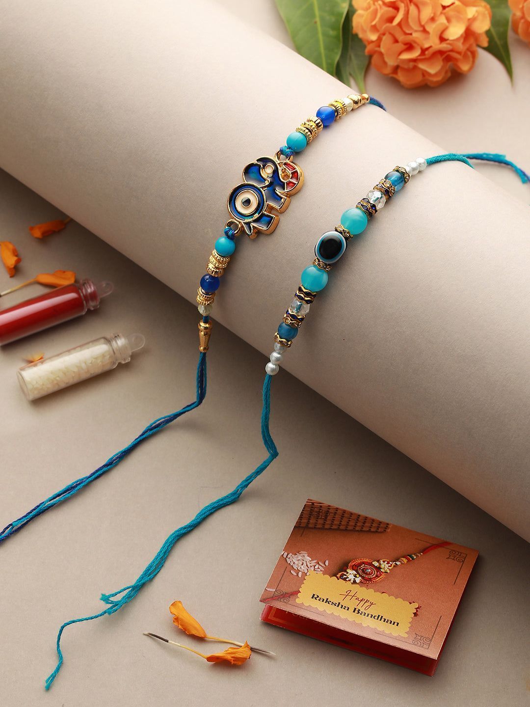 Set Of 2 Evil Eye Designer Rakhi with Roli Chawal