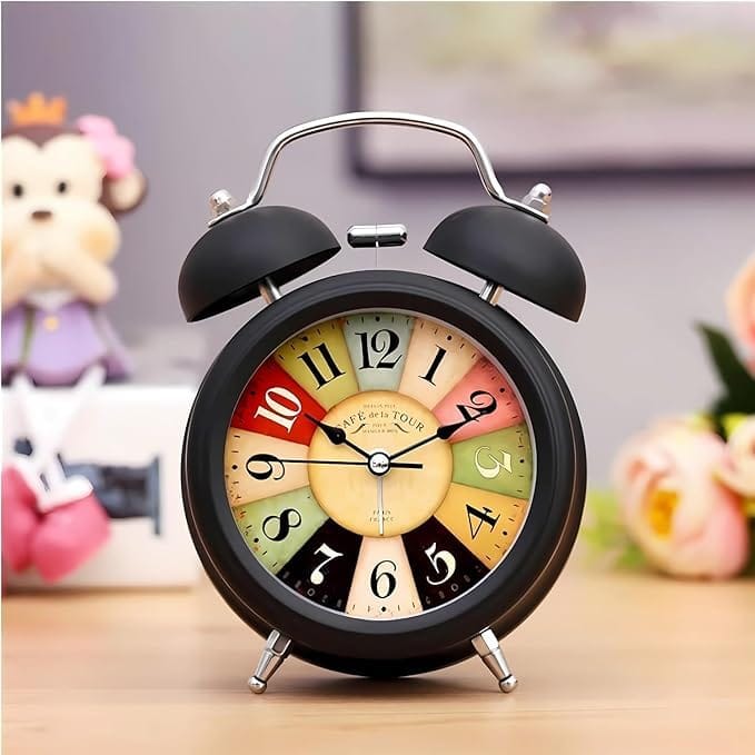 Vintage Twin Bell Alarm Clock, Battery Operated with Night Backlight & Silent Movement for Bedroom & Office (Battery Not Included) ( Multicolour ) ( 1 Pcs )