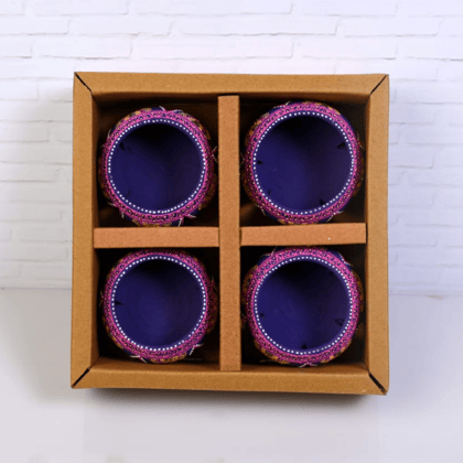 DECOREER Handcrafted Terracotta Jali Round Tealight Holder Set of 4 Purple for Festive & Home Decor