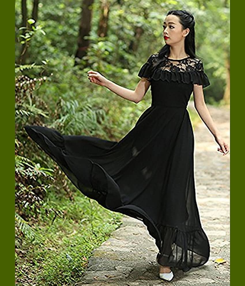 Raabta Fashion Women Georgette Printed Fit & Flare Dress ( Black )