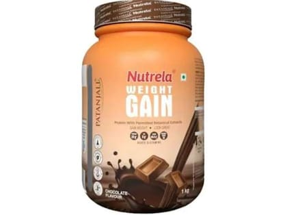 Nutrela Weight Gainer - 1Kg, Chocolate Flavour | 20g Protein, 66.8 Carbs, 13 Vitamins & 12 Minerals with Khandsari Sugar | Ideal for Athlete, Men, Women & Kids above 10 Year