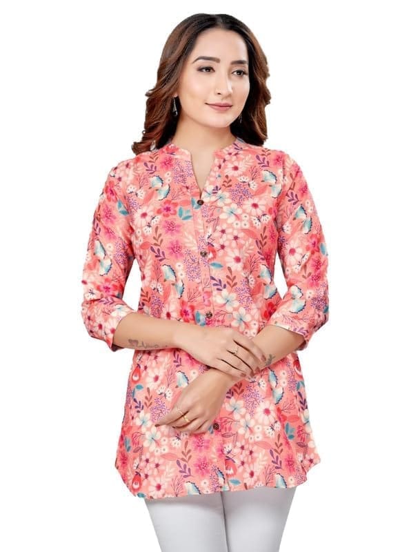 Women's Cotton Blend Mandarin Collar 3/4 Sleeves Short Top (Pink, 2XL)-PID56239