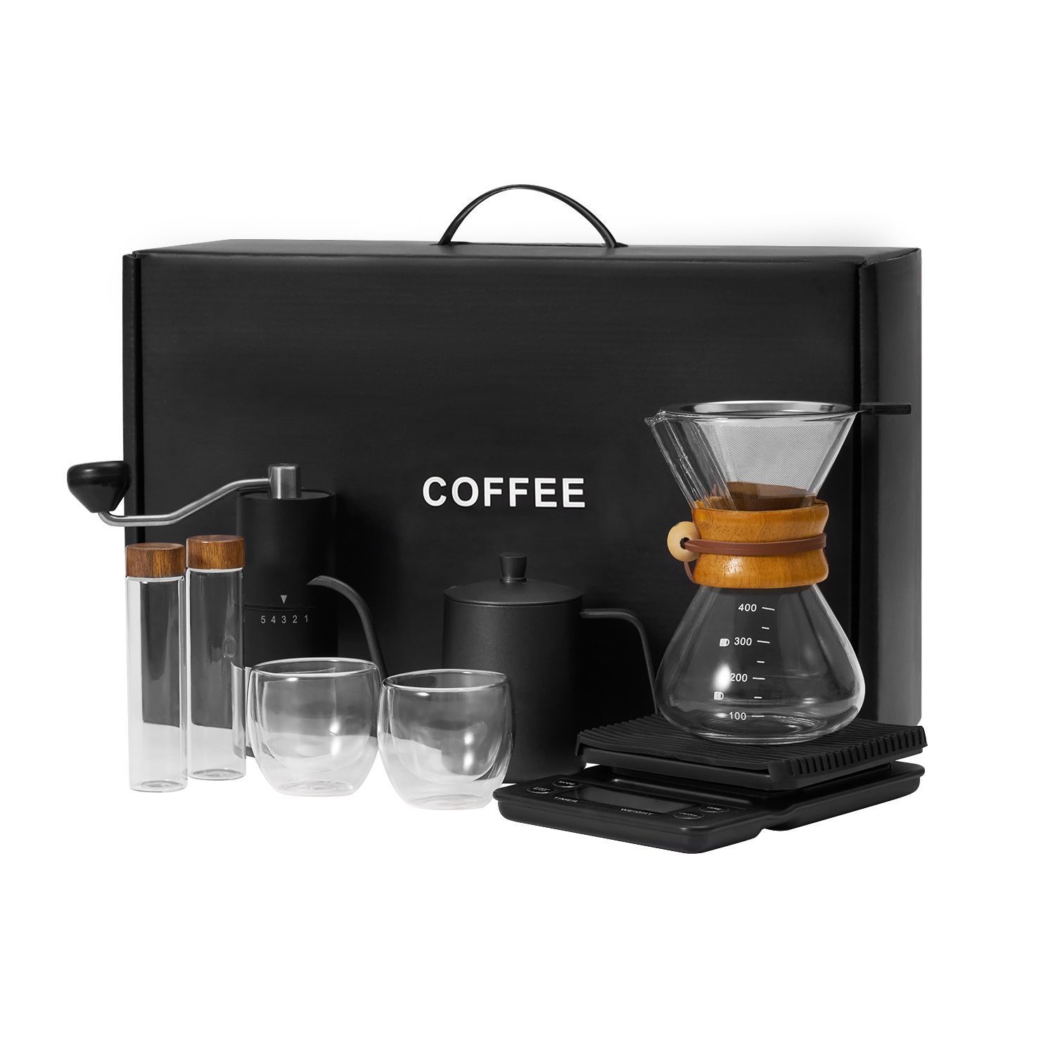 The Bean Co Roasters Roasters 9-Piece Pour-Over Coffee Set I Gooseneck Kettlel I Manual Grinder l Chemex-Style Carafe I Stainless steel filter Dripper, Glass Cups, Bean Holders & Premium Digital Scale