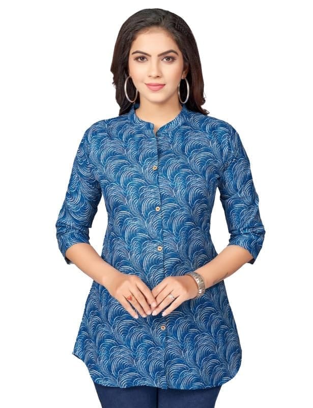 Women's Cotton Blend Mandarin Collar 3/4 Sleeves Short Top (Blue, 2XL)-PID56248