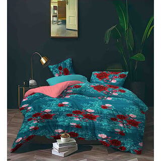 Black Bee  Pink  Red Flowers Print On Torquise Base Double Bedsheet With 2 Pillow Covers (208 X 213 Cm)(Bs8-07)