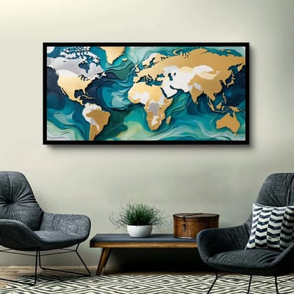 Luminary Continental Flow – Modern World Map Abstraction Museum-Quality Cotton Canvas Art for Study or Office Décor | Frame Size (127 X 69 Cm) | Frame Type (Black) | 5-Year Warranty