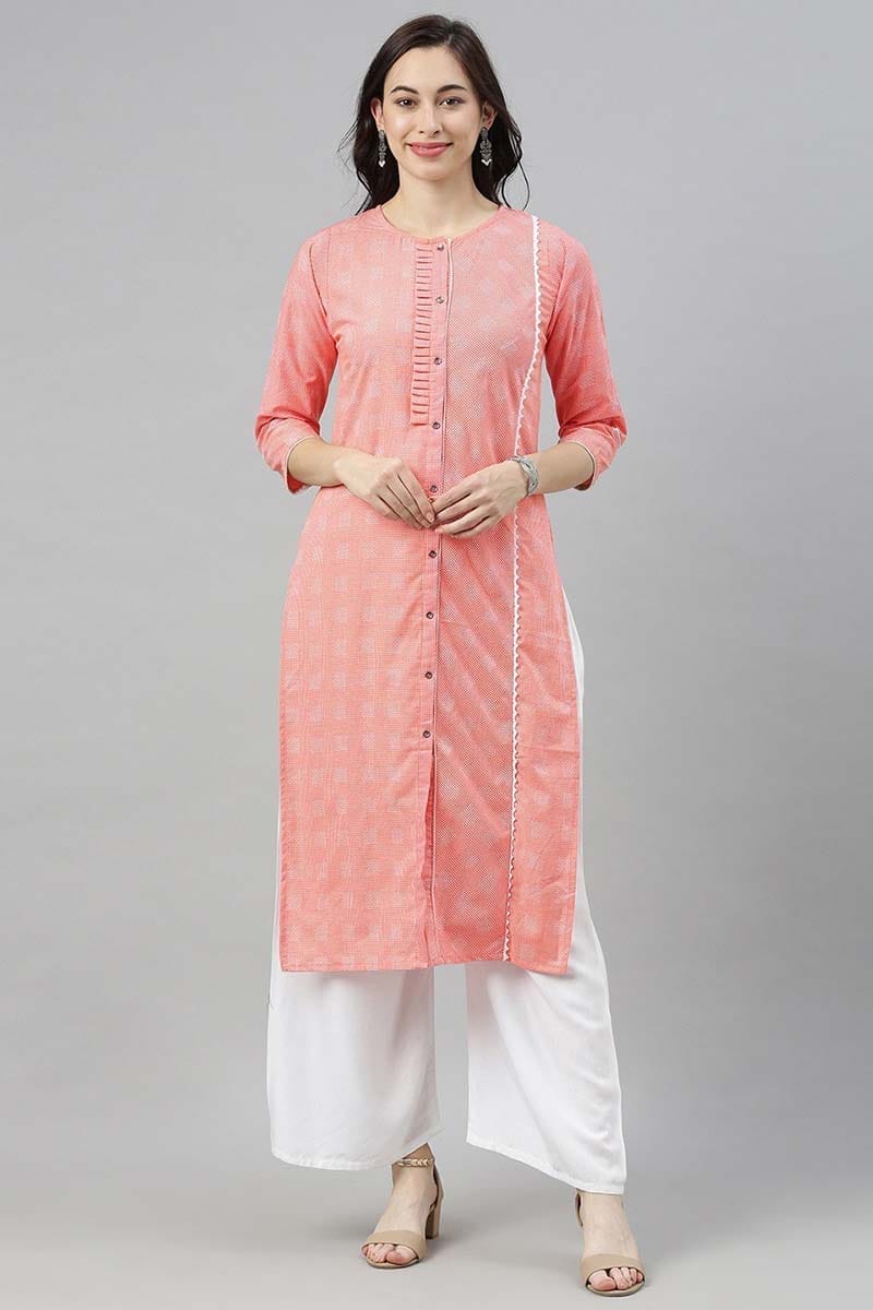 Women Coral Red & White Checked Kurta VCK8182