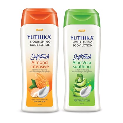 Yuthika Nourishing Body Lotion 300ml Combo Pack, Almond Body Lotion for Dry Skin, Aloe Vera Body Lotion for Normal Skin