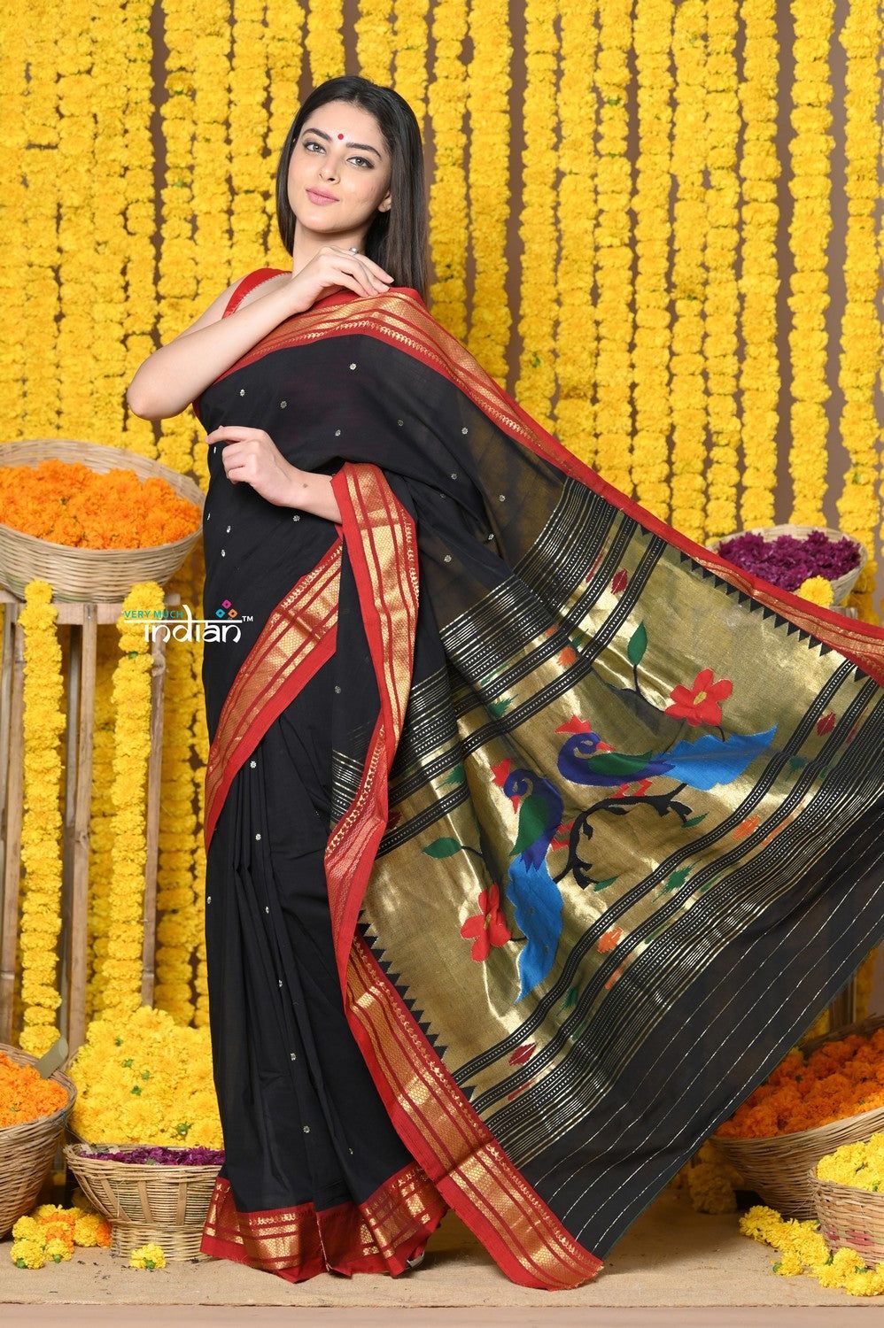 Rajsi~Handloom Pure Cotton Paithani With Peacock Pallu~Black