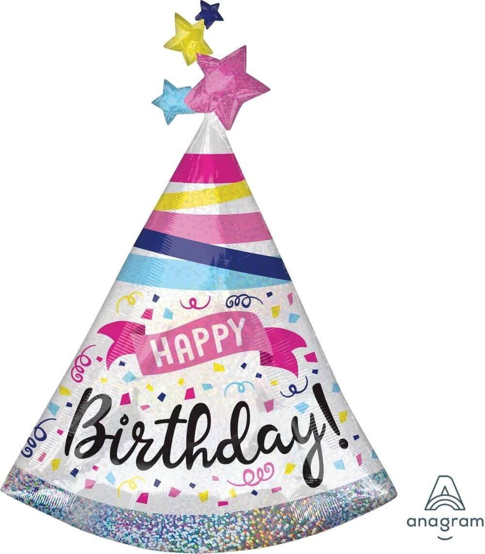 Giant Prismatic Happy Birthday Hat Shaped Balloon - Helium Quality - 36 inches - 1PC