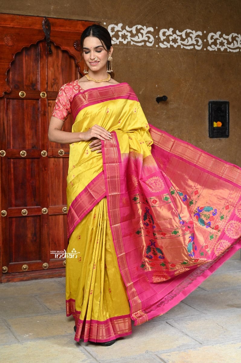 Rajsi~ Pure Silk Handloom - Maharani Paithani in Bright Yellow with Bright Pink Border ( Available in Floral Butti)