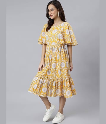 Janasya Women Cotton Printed Fit & Flare Dress ( Yellow )