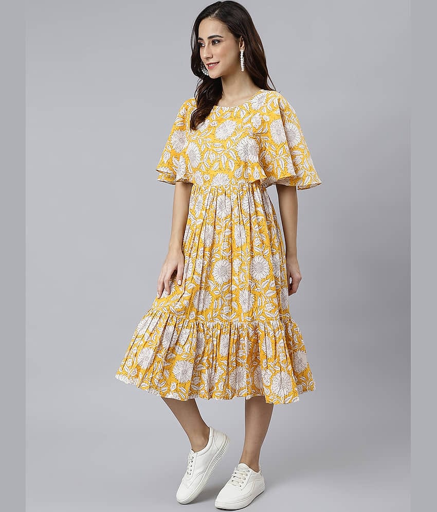 Janasya Women Cotton Printed Fit & Flare Dress ( Yellow )