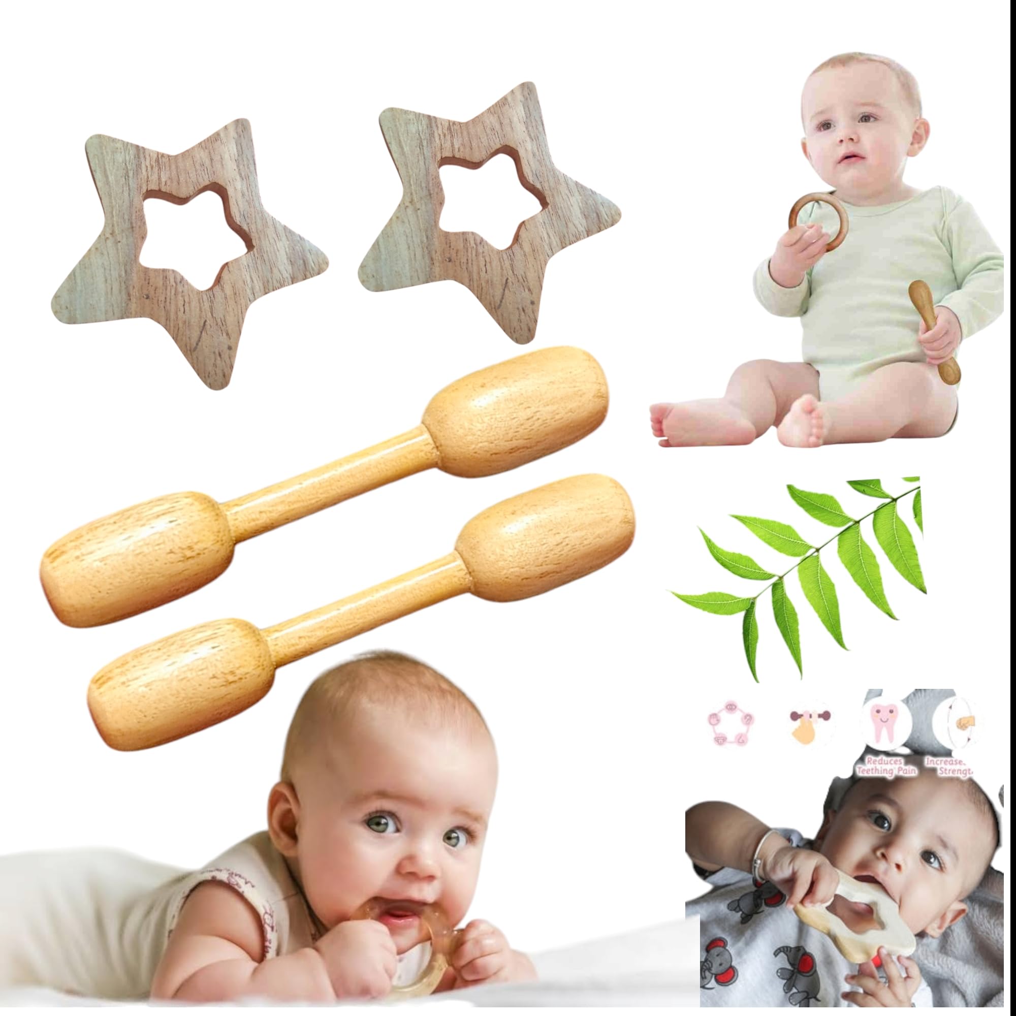 Shreeja Shilpcraft Neem Wood Baby Teething Set, Star Teether and Dumbbell Teether, Natural Wood, 4-Piece Pack