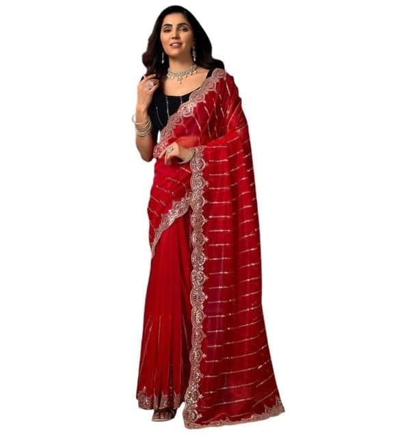 Women's Net Sequence Saree With Unstitched Blouse 5.5Mtr (Red)-PID65958