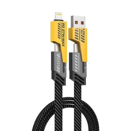 Super Sonic Fast Charging 4-in-1 65W Fast Charging Flat Nylon Braided Data Sync Cable With USB, Lightning, C-Type Ports