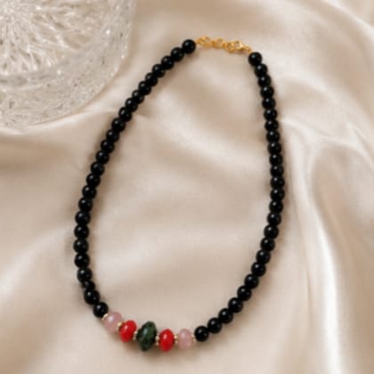 Black onyx and muticolour gemstone beads necklace