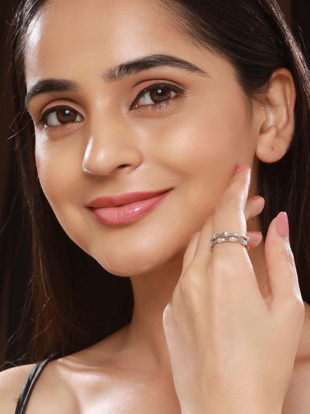 SARAF TRENDZ Anti-tarnish Silver-Plated CZ Stones-Studded Minimal Band Finger Ring