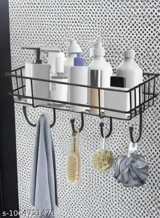 Rustproof Stainless Steel Bathroom Shelf Basket with 4 Hooks
