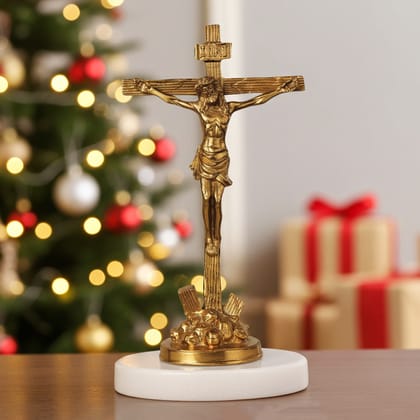 Brass Showpiece Jesus & Cross God Idol Statue - Decorative Religious Showpiece For Altar & Church, Height : 12 Inch (BSMAS288)