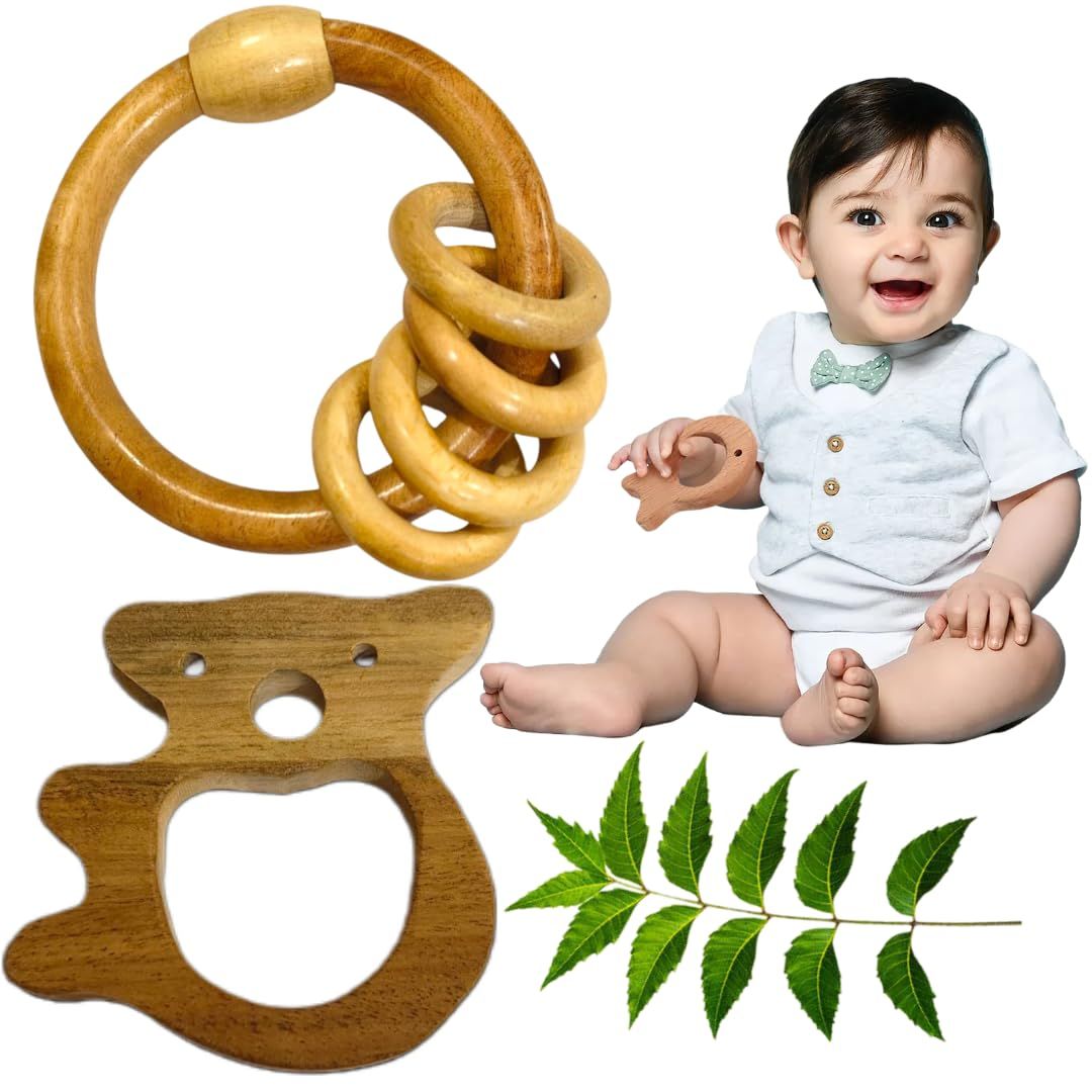 Natural Wooden Baby Teething Ring and Bear Teether Set, Organic Neem Leaf Design